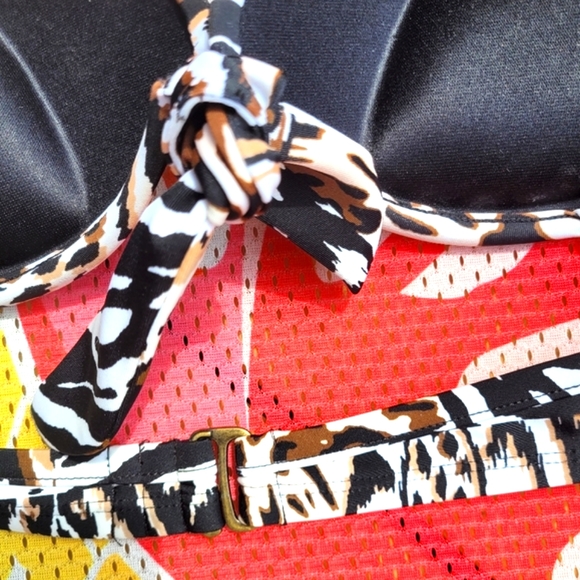 ANA Animal Tribal Print Bikini Top XL Adjustable Back Tie Neck Black Brown White - Picture 2 of 5